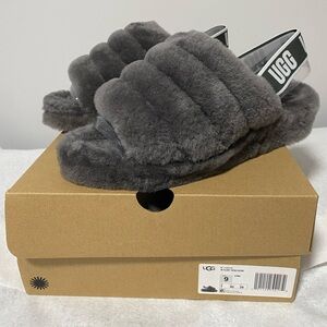 UGG Charcoal Fluff Yeah Slide with Branded Heel Strap